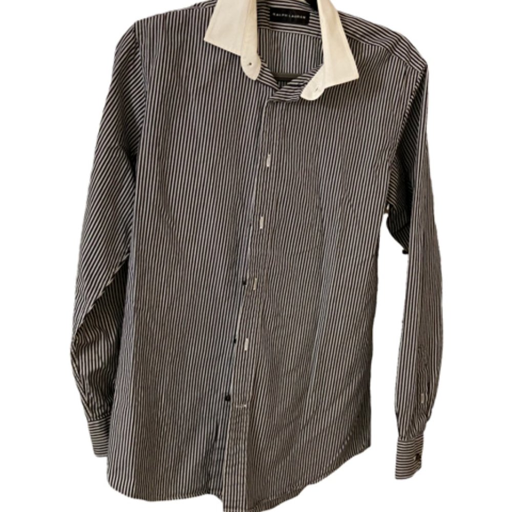 Men’s Ralph Lauren Black Label Black & White Stripped Dress Shirt - Size…